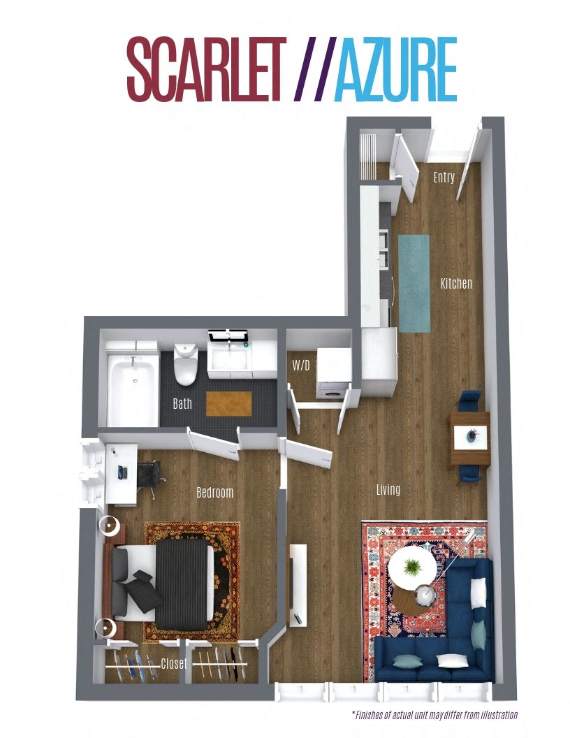 Floor plan for 1 bed, 1 bath, 580 sqft